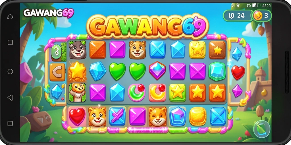 Tampilan gameplay GAWANG69 dengan elemen match-3 yang menarik.