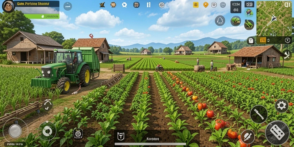Screenshot utama K234 menunjukkan gameplay yang penuh warna dan menawan di ladang pertanian.