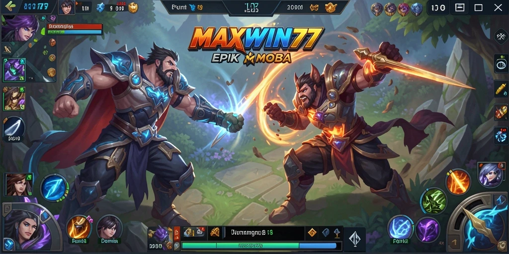 Tampilan layar permainan <strong>MAXWIN77</strong> yang penuh aksi MOBA.