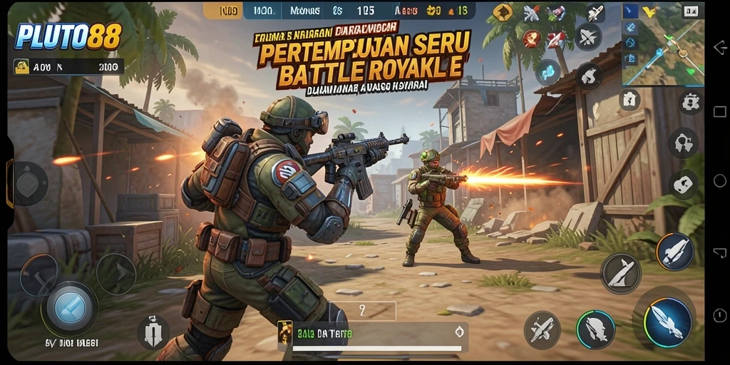 Screenshot gameplay PLUTO88 yang menampilkan aksi seru dalam pertarungan Battle Royale.