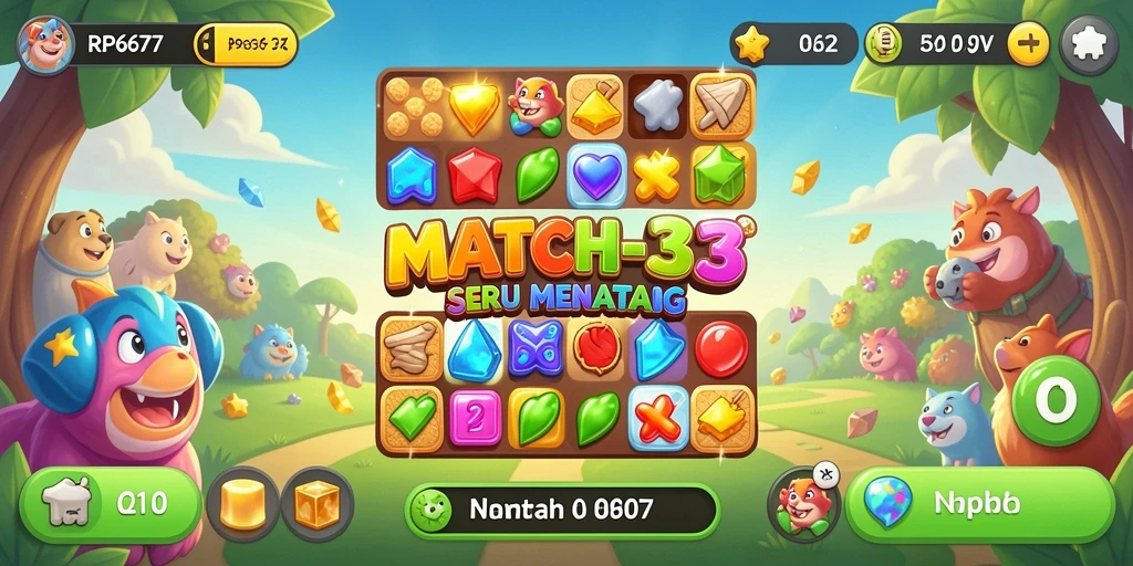 Tampilan gameplay RP6677 dengan grafis cerah dan permata warna-warni.