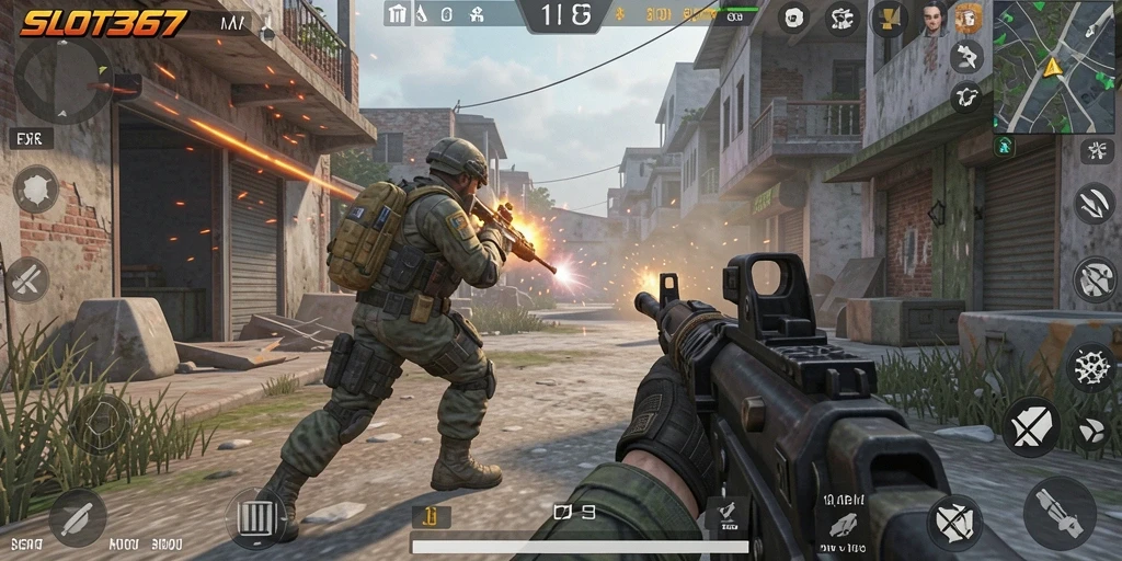 Screenshot utama SLOT367 menampilkan aksi mendebarkan dalam gameplay FPS.