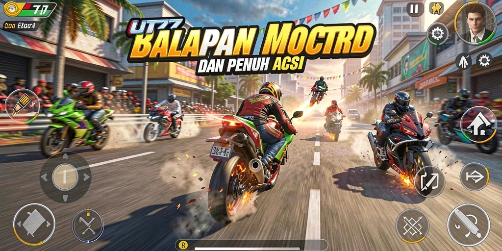 Screenshot UT77 menunjukkan aksi balapan motor yang memukau dan seru.