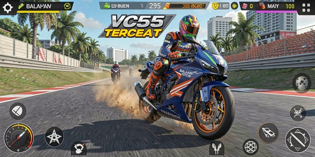 Screenshot gameplay VC55 dengan balapan motor yang mendebarkan.